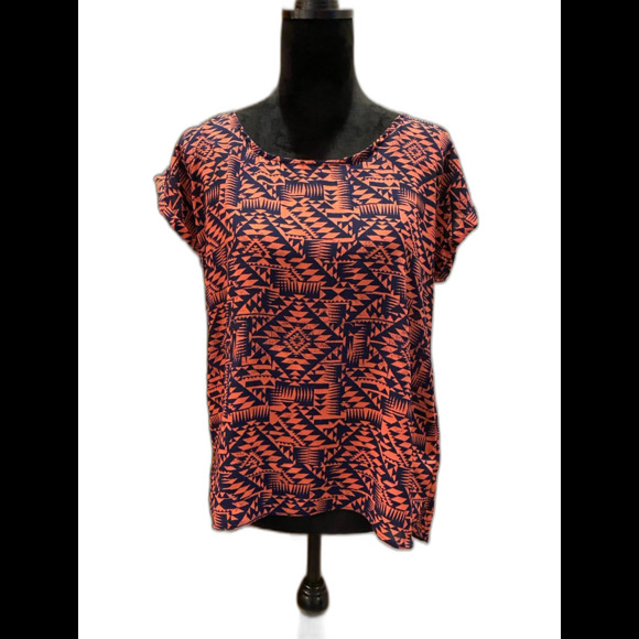 Pink Rose Top Womens Blouse Size Large  Short Sleeve Zipper Back Orange Navy - Picture 1 of 9